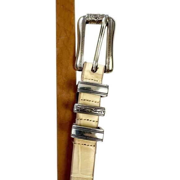 Coldwater Creek Cream Leather Western Skinny Belt Silver Hardware Size XL - Picture 2 of 6